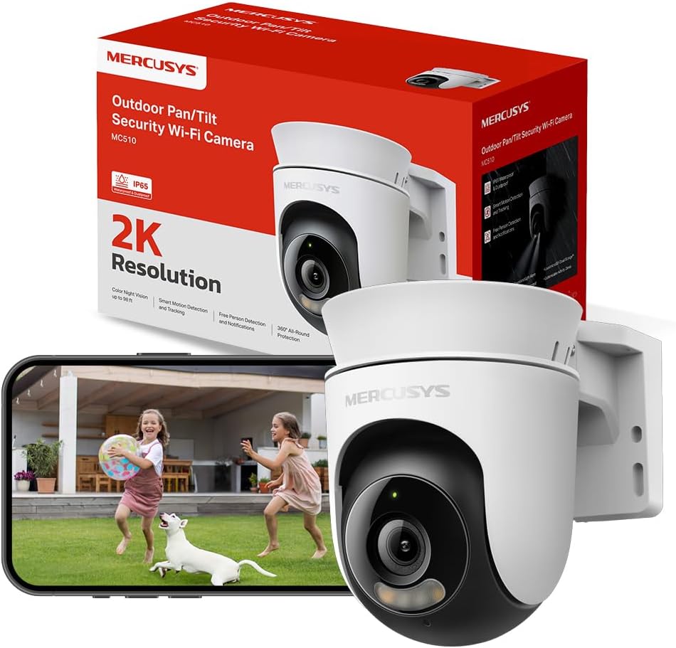 Cámara para exteriores WiFi 360° MERCUSYS 2K, MC510 | Visión nocturna a color, detección de personas y seguimiento de movimiento, resistencia al agua IP65, alarma sonora personalizable